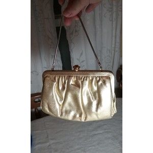 Vtg Admiral Evening Purse Shimmering Goldtone Silk lined Metal Rose Clasp